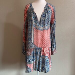 Sanctuary Women's Patchwork Tunic Dress Blue Red Boho V Neck Size-L Long Sleeve